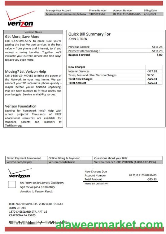 USA Verizon utility bill template in Word and PDF format